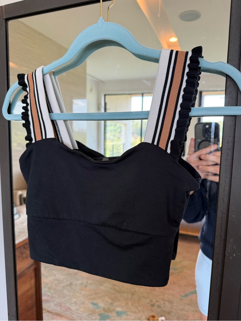 FP Movement by Free People Black Cropped Tank with Striped Shoulder Straps